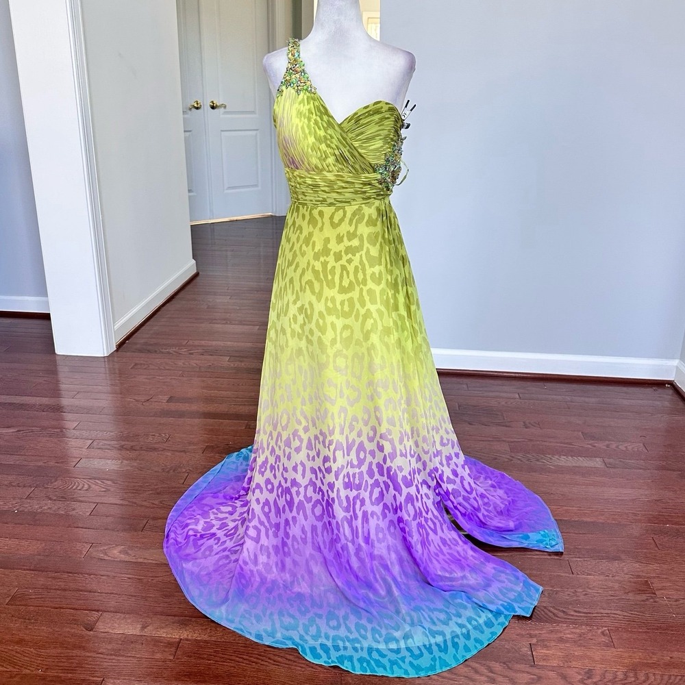 Camille La Vie One Shoulder Embellished Beaded Animal Print Y2K Gown Dress